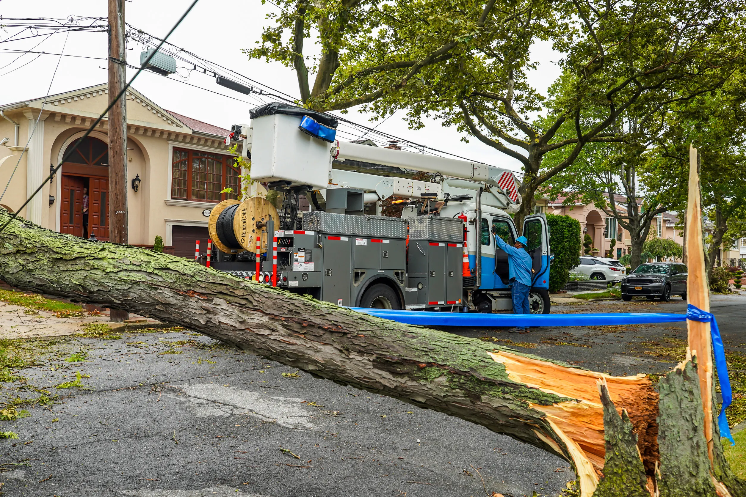 A fallen tree blocks the road, with a utility truck and worker nearby